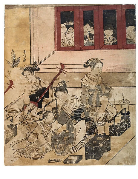 Four girls of Yoshiwara in room, 1770 (woodblock print on paper)