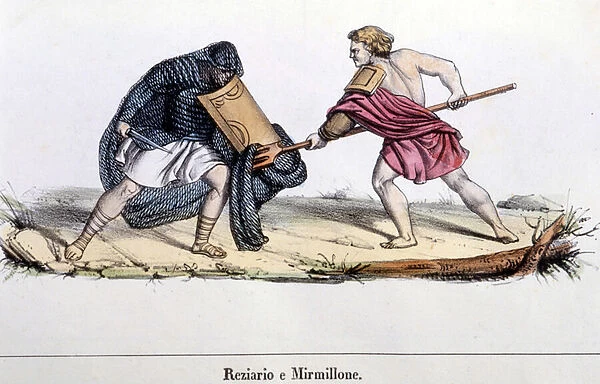 A gladiator fight, 19th century engraving