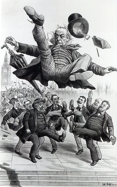 Gladstone being kicked out of parliament, c. 1894 (litho)