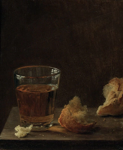 A glass of beer and a bread roll on a table (oil on canvas) (pair to 1074663)