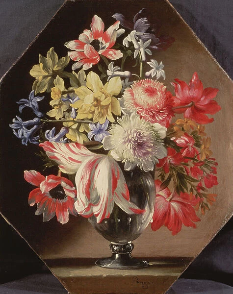 A Glass Vase of Flowers on a Stone Ledge Containing Tulips, Chrysanthemums