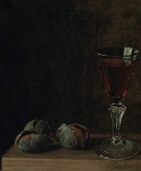 A glass of wine with walnuts on a table (oil on canvas) (pair to 1074662)