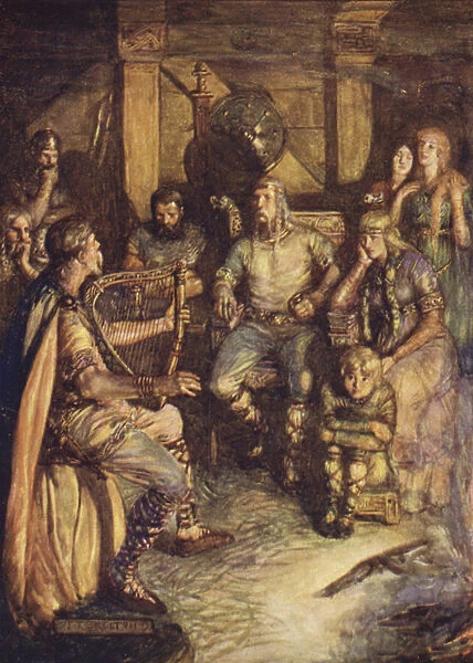 The gleeman sings the deeds of Beowulf (colour litho)