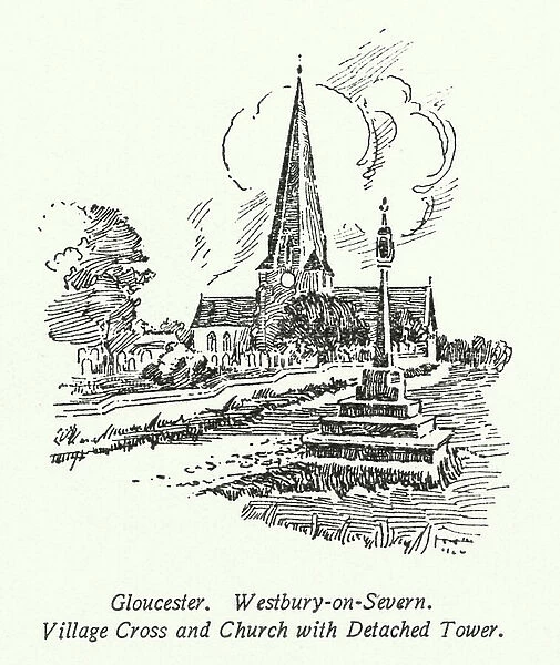 Gloucester, Westbury-on-Severn, Village Cross and Church with Detached Tower (litho)
