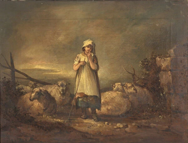 Gloucestershire Girl keeping Sheep (oil on canvas)