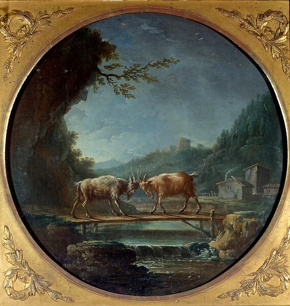 Both goats. Illustration for the fable by Jean de La Fontaine. Painting by Jean Baptiste Claudot (1733-1805), 18th century. Chateau Thierry, Musee La Fontaine