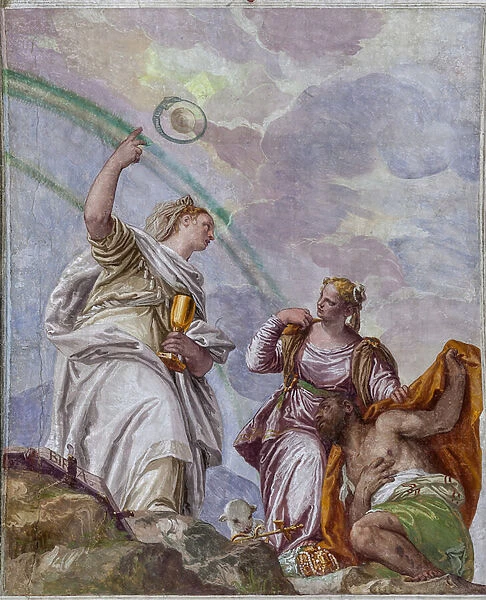 God among the clouds, Faith showing the road to Eternity to Charity and Charity leading the Sinner and treading precious necklaces, The Room of the Oil Lamp, 1560-1561 (fresco)