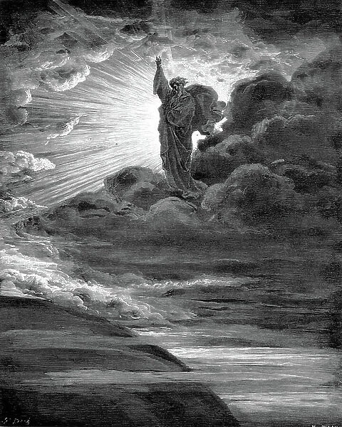 God creating light. Old Testament: Genesis. From Gustave Dore's illustrated Bible, 1866. Wood engraving