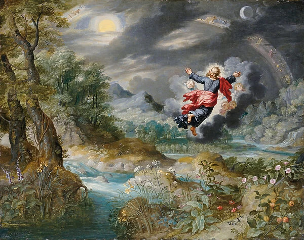 God creating the sun, the moon and the stars in the Firmament, c. 1650 (oil on copper)