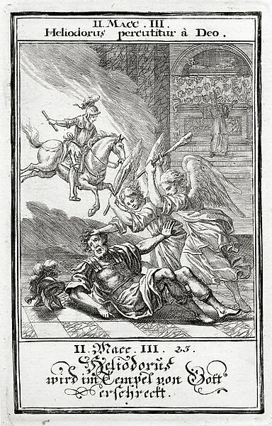 God frightens Heliodorus in a temple, 2 Maccabees (3: 21-28), 1695 (engraving)