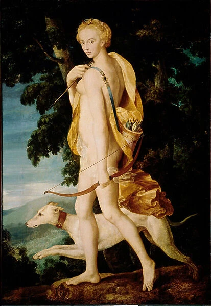 The goddess with a bow is accompanied by a dog. Painting of the School of Fontainebleau