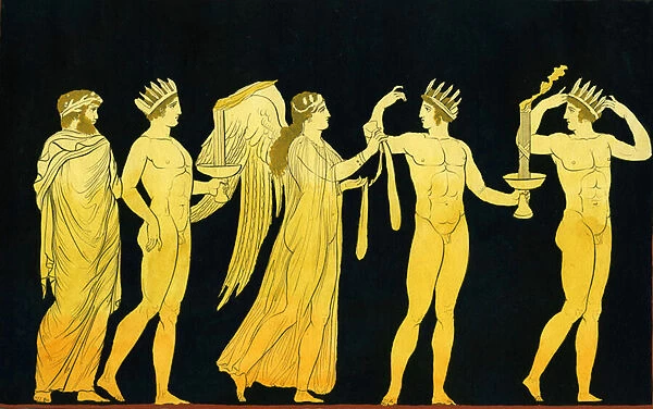 The Goddess Nike awarding the Sash of Victory to three laurel crowned winners c