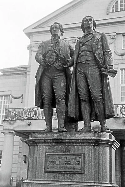 Goethe Schiller monument in front of national theatre at Weimar, Germany 1950