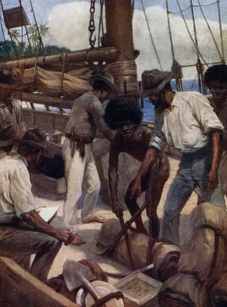 Gold Miners leaving a trading ship, British New Guinea (colour litho)