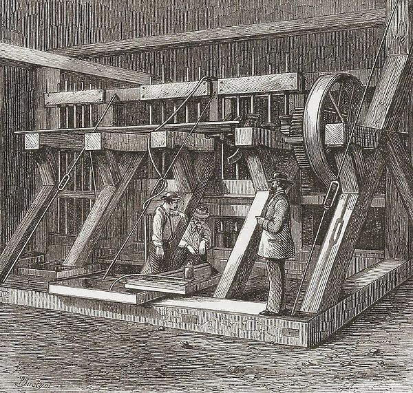 A gold quartz mill in the 19th century. (print)