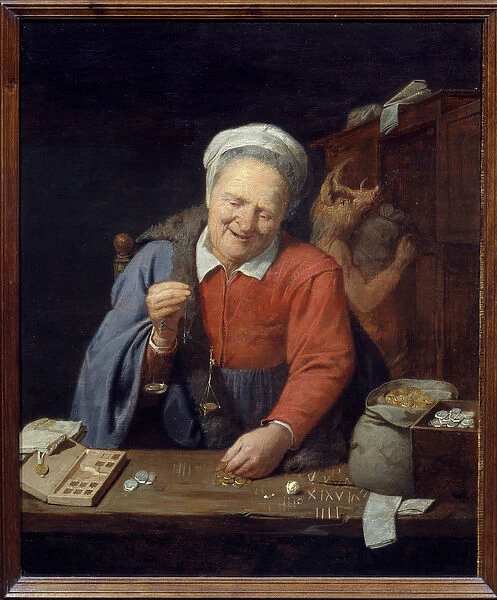 The gold weigher. An old woman with a small scale weighs the gold pieces while at