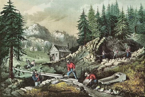 Goldmining in California, 1871 (colour litho)