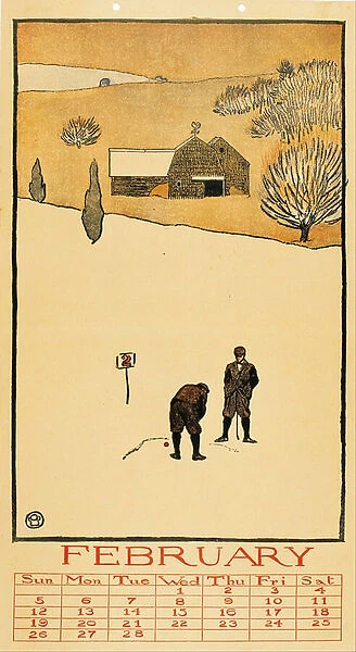Golf Calendar. February - Oeuvre de Edward Penfield (1866-1925) - 1899 - Colour lithograph - 41x28, 6 - Museu Nacional d Art de Catalunya, Barcelona