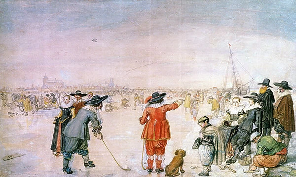 Golf on the Ice on the River Ijsel near Kampen (brown ink & w  /  c heightened with white)