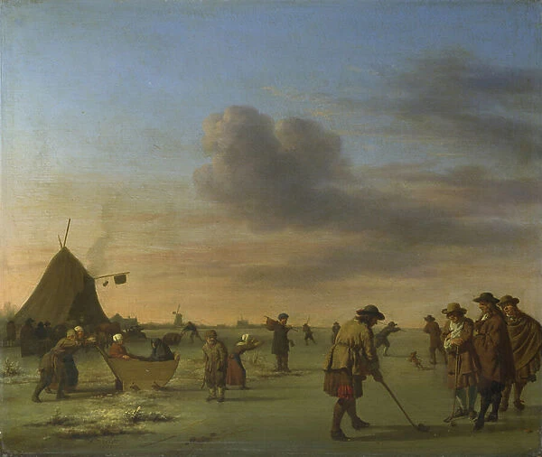 Golfers on the Ice near Haarlem, 1668 (oil on wood)