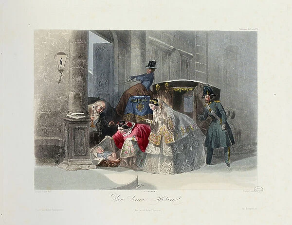 A Good Deed, from Les Modes Parisiennes, c.1860 (coloured engraving)