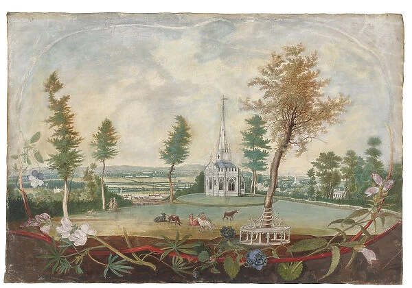 A gothick chapel in an extensive park, in a cartouche decorated with cut flowers (pencil