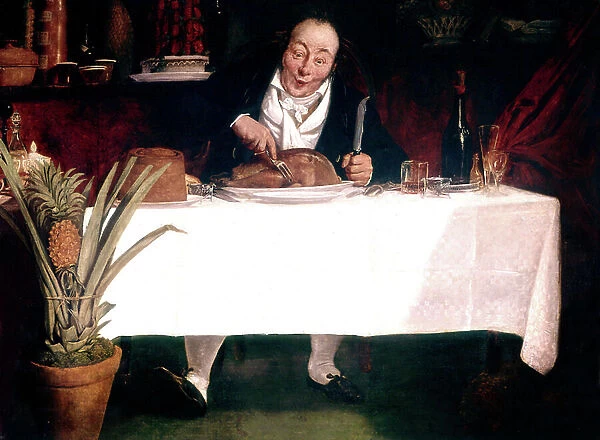 The Gourmand : Man eating turkey, 19th century (painting)