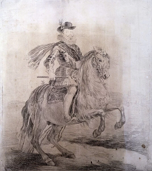 GOYA Y LUCIENTES, Francisco de (1746-1828). Equestrian Portrait of Philip III of Spain. 1778. PHILIP III of Spain (1578-1621). King of Spain (1598-1621). Drawing copies of Velazquez paintings. Baroque art. Drawing. SPAIN