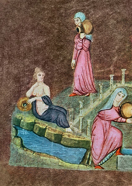 Gr 31 f. 7r Rebecca and Eliezer at the well, from the Vienna Genesis (vellum(