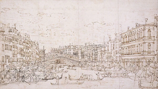 The Grand Canal, Venice, with the Rialto Bridge from the South, (black chalk