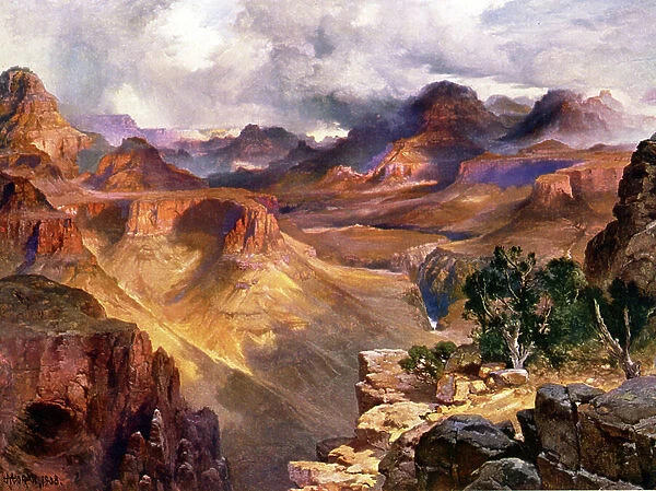 Grand Canyon of the Colorado, 1908. Thomas Moran (1837-1926) English-born American artist. United States National Park Landscape Mountain Rock Geology Gorge River Cloud Remote Deserted