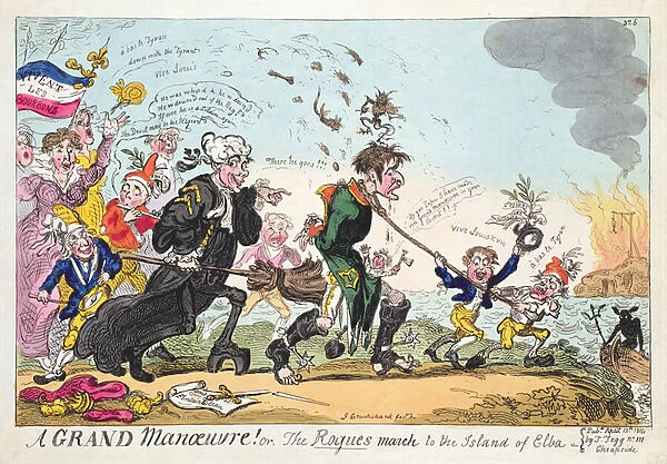A Grand Manoeuvre! or The Rogues March to the Island of Elba by George Cruikshank, published 13 April 1814