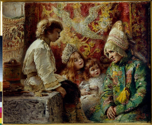 Grandma with Kids (Grandmothers Fairy Tale) - Makovsky, Konstantin Yegorovich (1839-1915) - 1882 - Oil on wood - State Open-air Museum Pavlovsk Palace, St. Petersburg