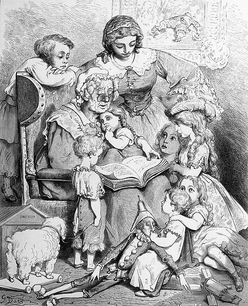 Grandmother telling a story to her grandchildren, illustrated title page from Les