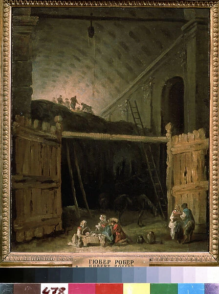 Grange a foin dans une basilique. Peinture de Hubert Robert (1733-1808), huile sur toile, vers 1790, art francais. State A. Pushkin Museum of Fine Arts, Moscou