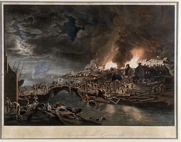 Granville in flames besieged by the Vendeans, based on painting by J. Francois Hue, c