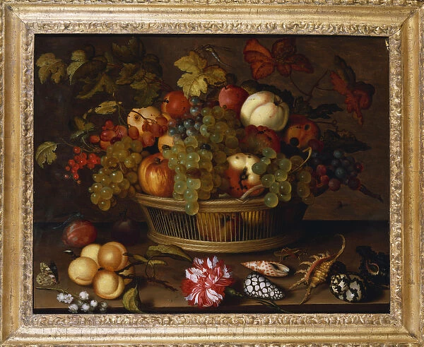 Grapes, Apples, a Peach and Plums in a Basket with Lily of the Valley (oil on panel)