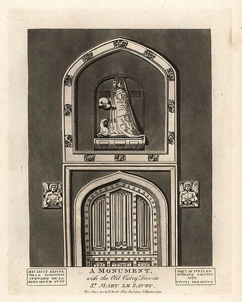 Grave effigy of Alicia, daughter of Simon Steward, with the Old Vestry Door in St Mary le Savoy