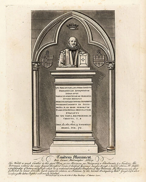 Grave monument to the Elizabethan antiquarian and herald William Camdem, died 1623, in Poets Corner, Westminster Abbey