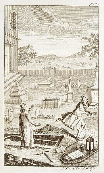 Grave robber disturbing the dead (engraving)