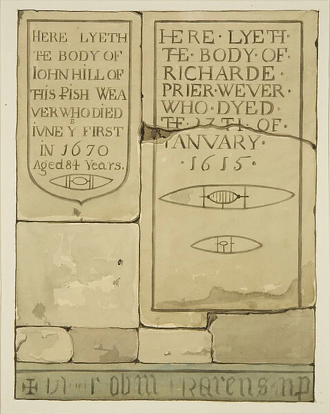 Two gravestones in the Weavers Chapel in Temple Church (w  /  c on paper)