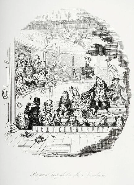The great bespeak for Miss Snevellicci. Illustration from the Charles Dickens novel Nicholas Nickleby by H. K. Browne known as Phiz