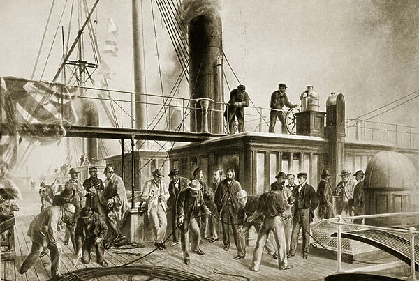 The Great Eastern recovering the lost Atlantic Cable, 1866 (litho)