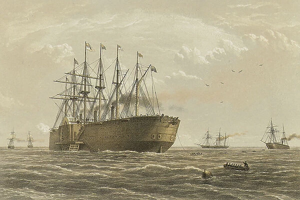 The 'Great Eastern' under weight July 23rd (escort and other ships introduced being the Terrible, the Sphinx the Hawk & the Caroline), 19th century (coloured lithograph)