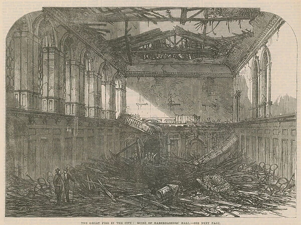 The great fire of the City: ruins of Haberdashers Hall (engraving)