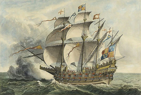 The Great Harry The first ship of War that carried Guns, built at Woolwich in the Reign of Henry VIII, 1514, and accidentally burned 1553... 19th century (coloured aquatint)