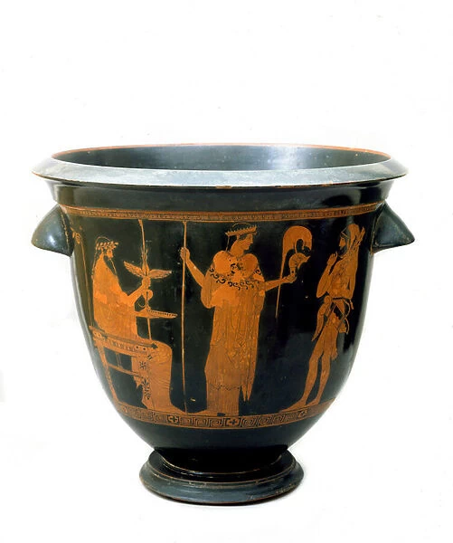 Greek antiquite: bell crater decorates representations of Zeus, Athena and Heracles