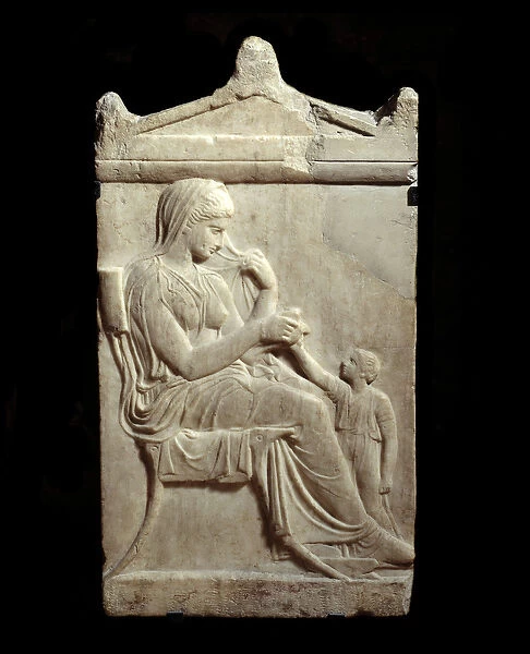 Greek art: burial stele with relief depicting a woman and her child. 5th century BC