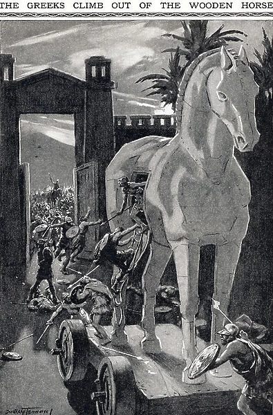 The Greeks Climb out of the Wooden Horse, illustration from Newnes Pictorial Book of Knowledge (litho)