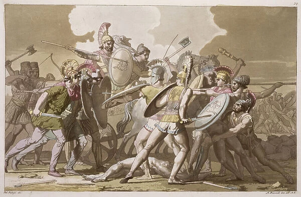Greeks and Trojans Fight over the Body of Patroclus, plate 34 from Le Costume Ancien et Moderne by Jules Ferrario, engraved by Angelo Biasioli (1790-1830) published 1820s-30s (colour litho)